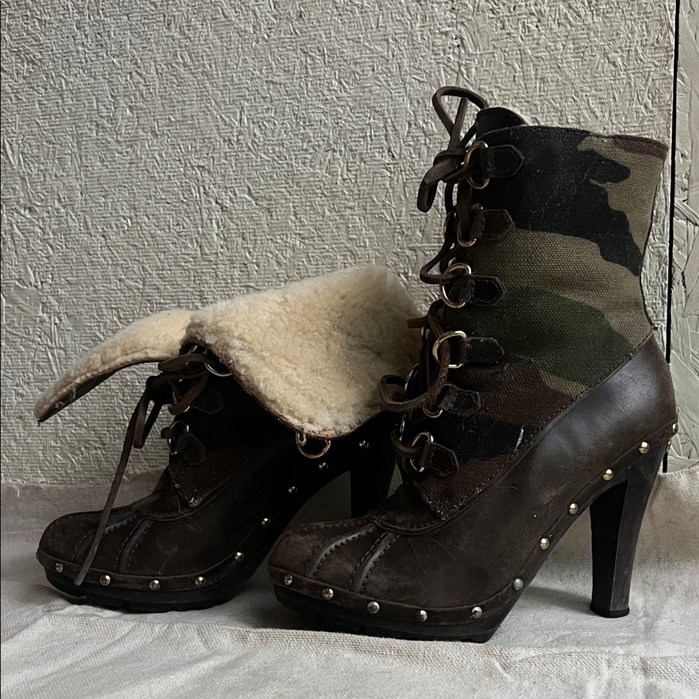 Michael Kors Camo Lace-Up Shearling High-Heel Booties - Brown/Olive